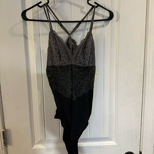 Aerie Black and Gray Lace bodysuit